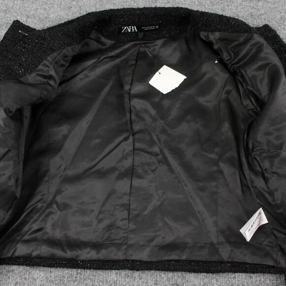 Zara Jacket Women Medium Metallic Thread Tweed Cropped Blazer Black Party Office - Picture 5 of 10